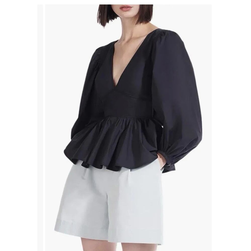 STAUD Luna Black Poplin Peplum Top 4 Puff Sleeve V-Neck Open Back Blouse NWT